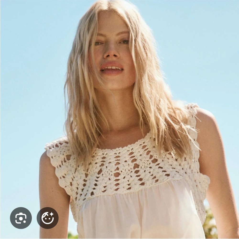 THE GREAT. Cream Crochet Yoke Sleeveless Blouse
